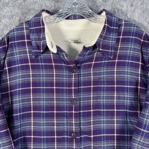 LL Bean Flannel Shirt Womens XL Purple Fleece Lined Long Sleeve Shacket - Picture 1 of 12